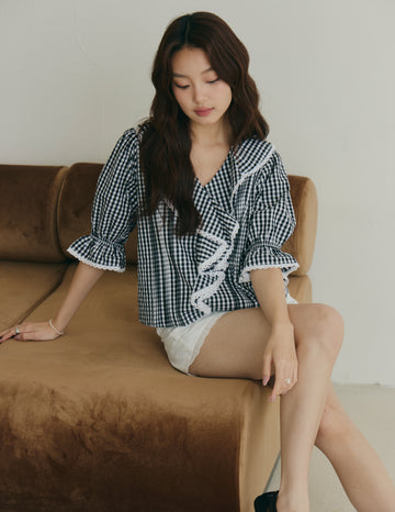 Maria Lace-Trim Ruffle Blouse in Gingham