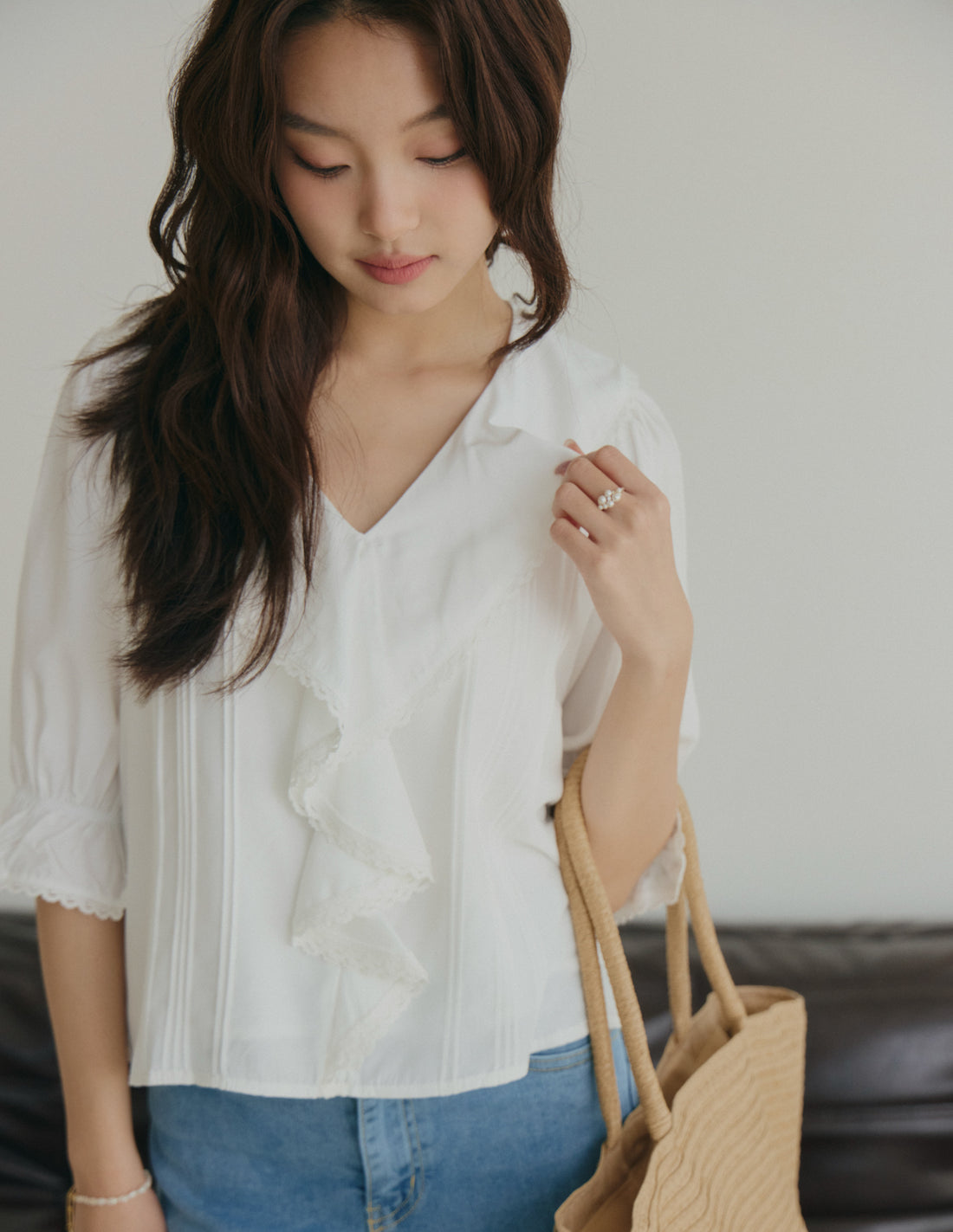 Maria Lace-Trim Ruffle Blouse in White
