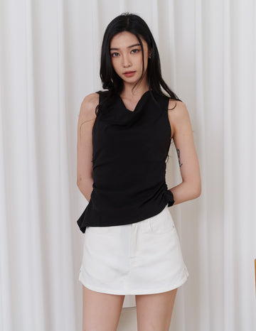Noelle Ruched Asymmetrical Cowl Top in Black