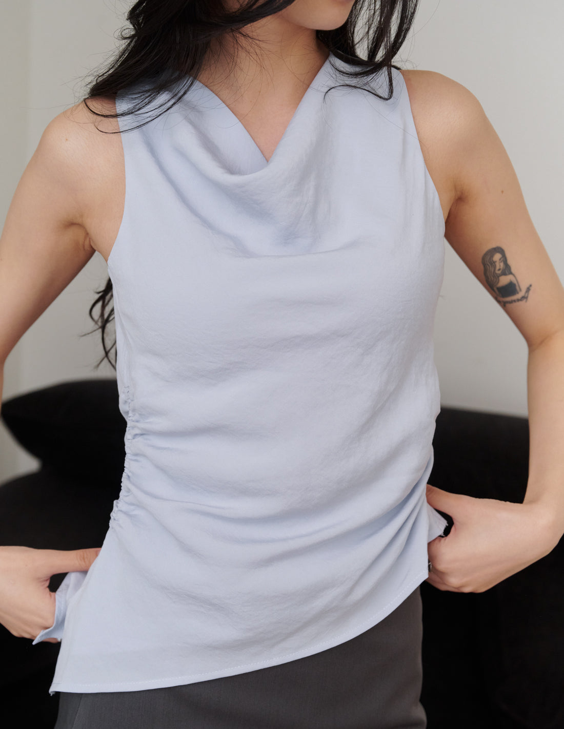Noelle Ruched Asymmetrical Cowl Top in Mist Blue