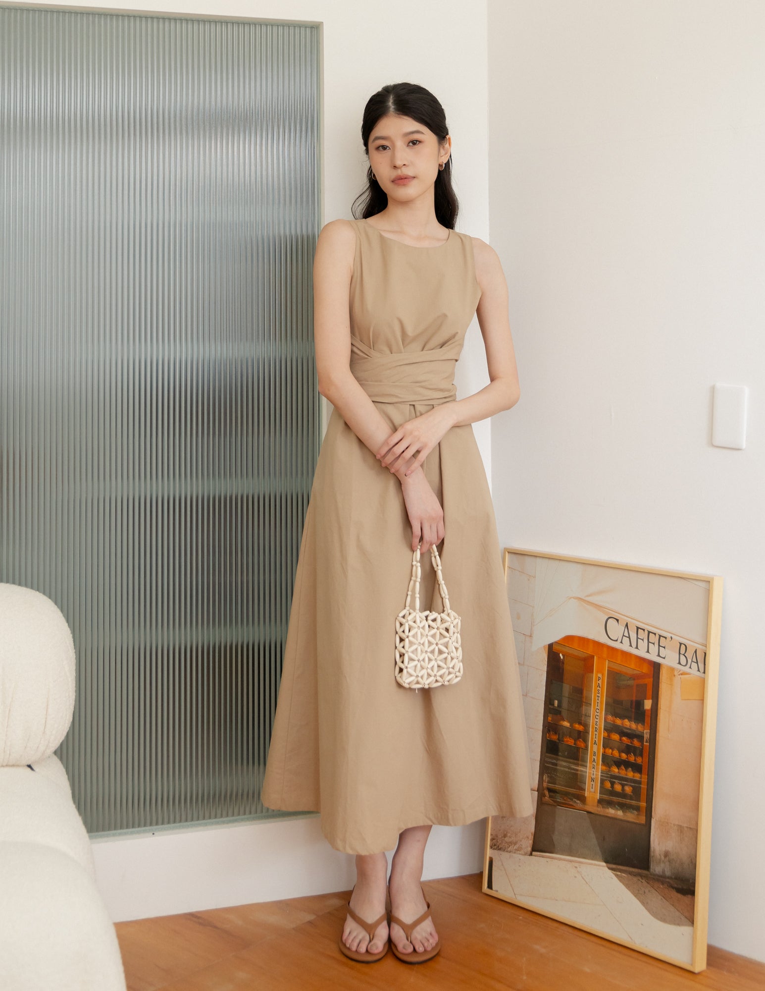 Feodora Tie Waist Dress in Camel