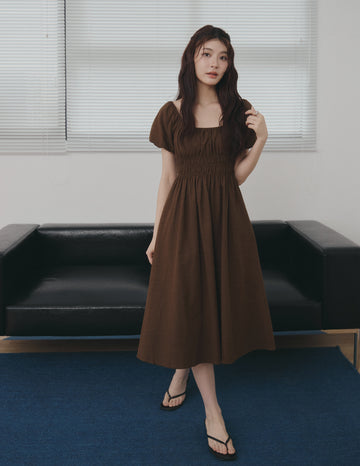 Stefanie Shirred Midi Dress in Brown