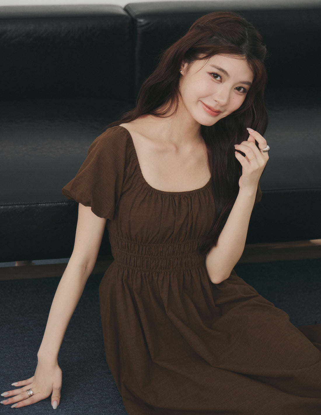 Stefanie Shirred Midi Dress in Brown