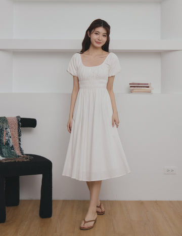 Stefanie Shirred Midi Dress in White