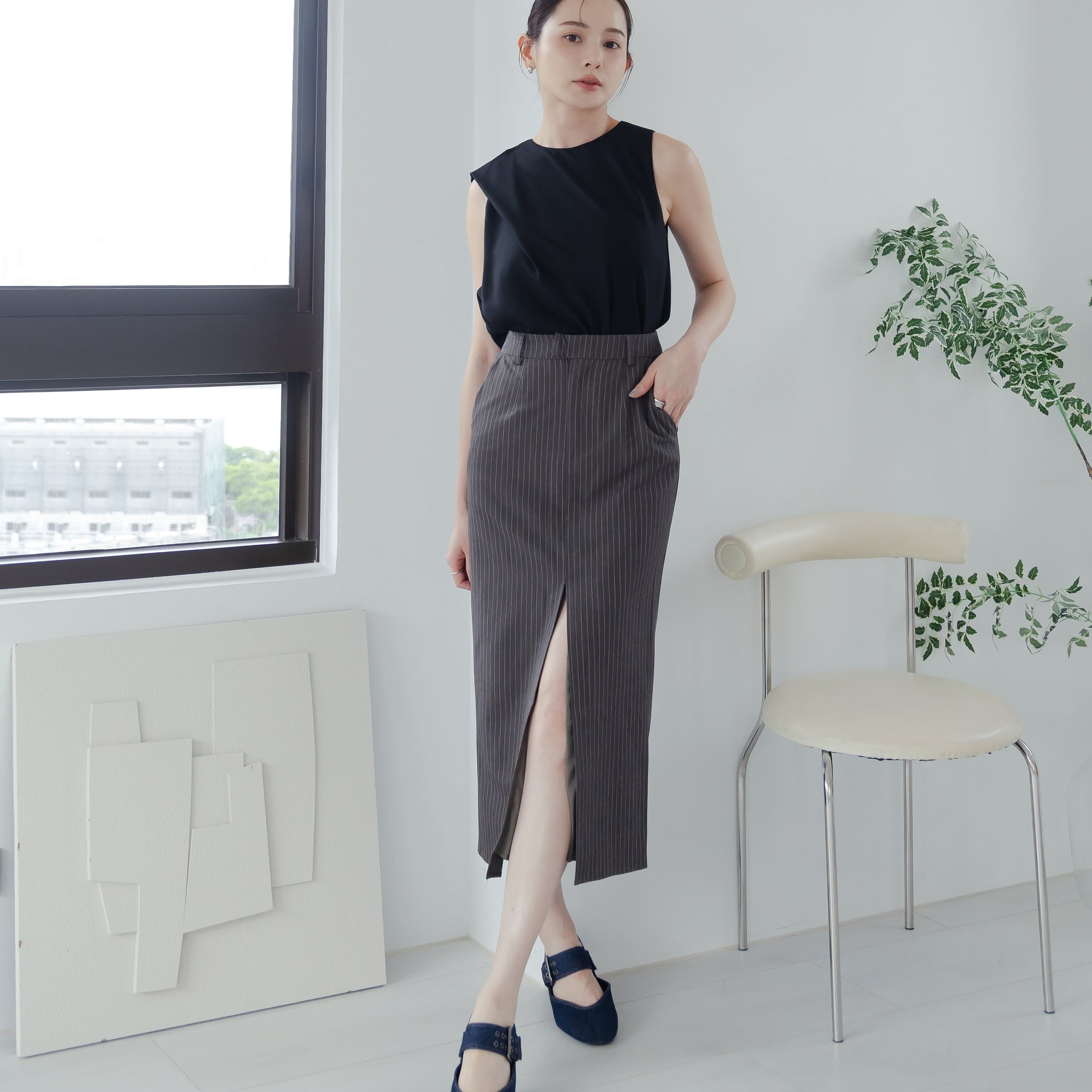 Yara Pinstripe Midi Skirt in Dark Grey