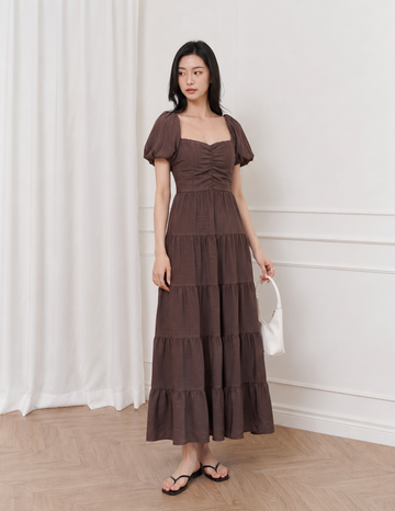 Lynette Padded Maxi Dress in Brown