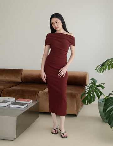 Janelle Asymmetrical Shoulder Dress in Burgundy